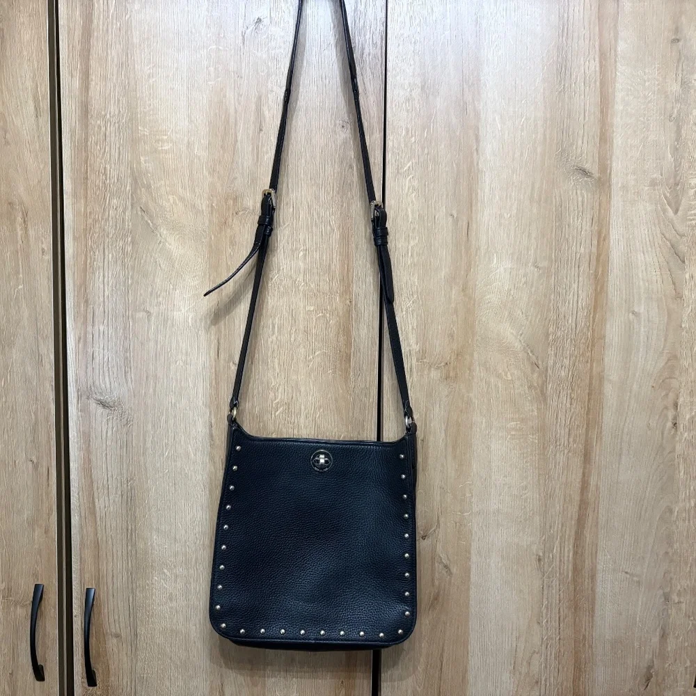 Michael Kors Sullivan Black Leather Gold Studded Crossbody Messenger Bag - Picture 2 of 15